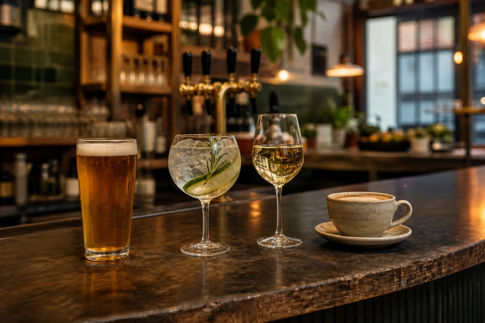 Craft beer, gin, wine and coffee at a food hall bar
