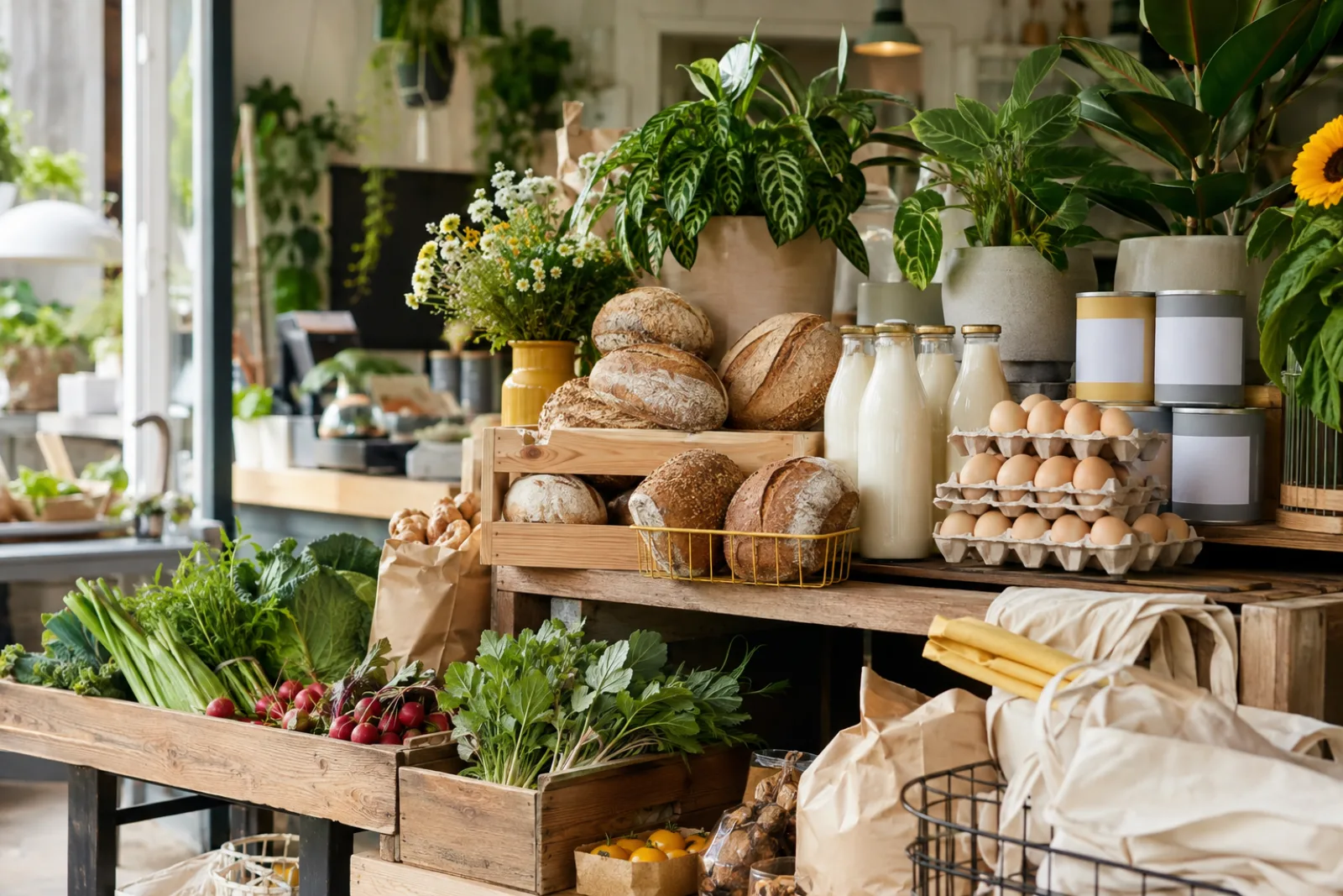 Bread, produce, plants and groceries in a neighbourhood shop